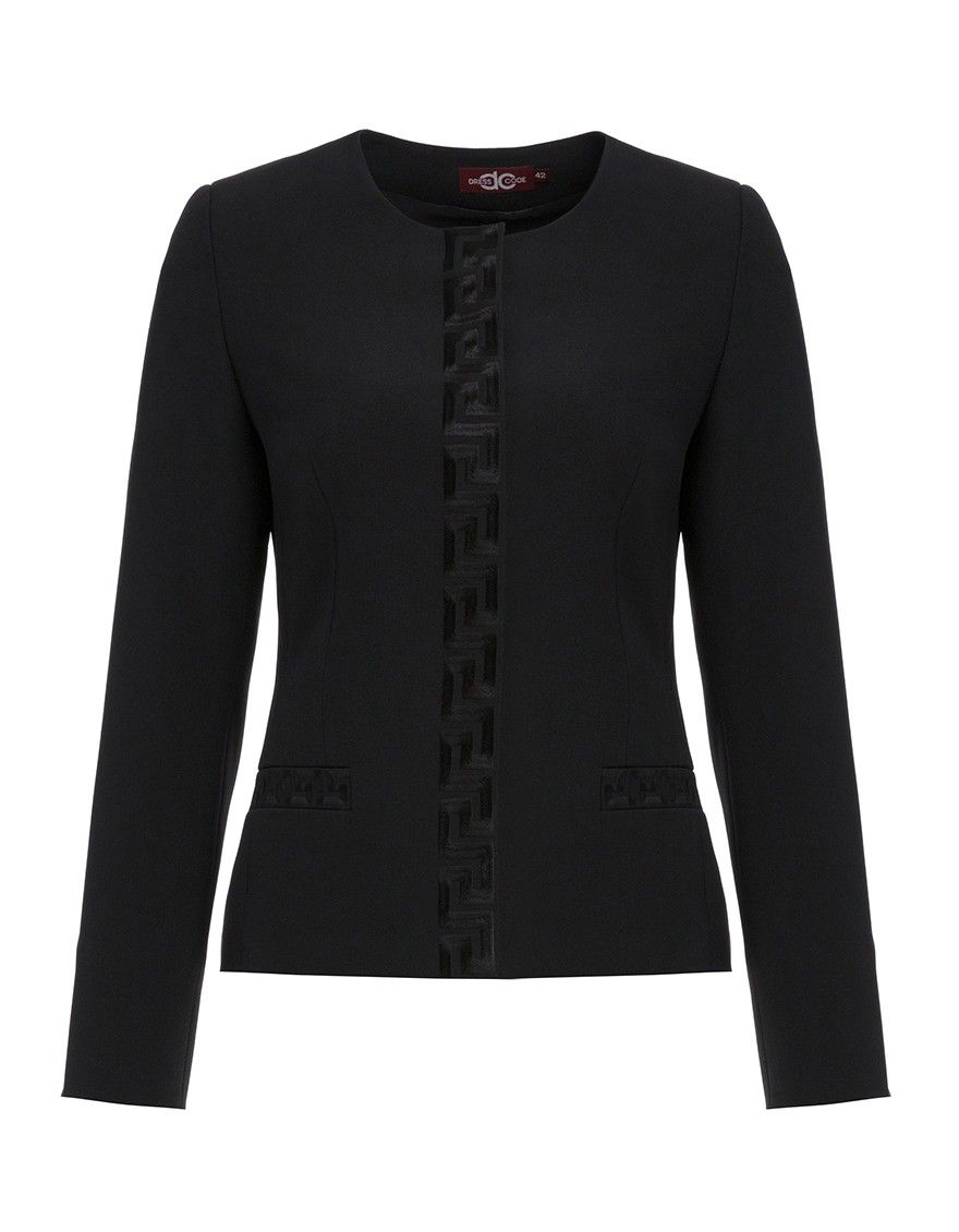Жакет-пиджак черный с вышивкой классической длины