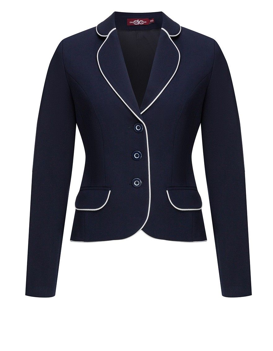 Жакет-пиджак темно-синий с белым кантом классической длины