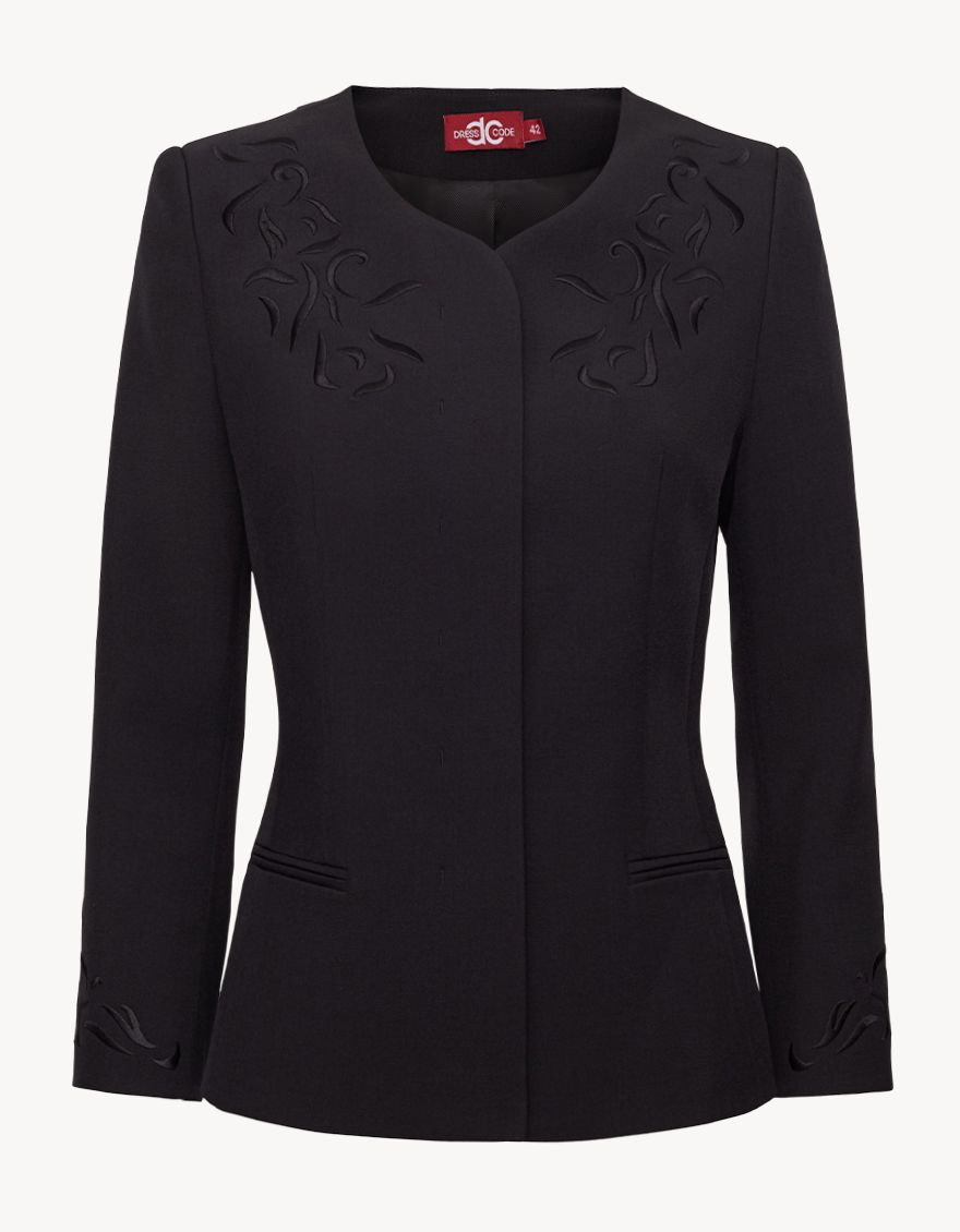 Жакет-пиджак черный с вышивкой классической длины