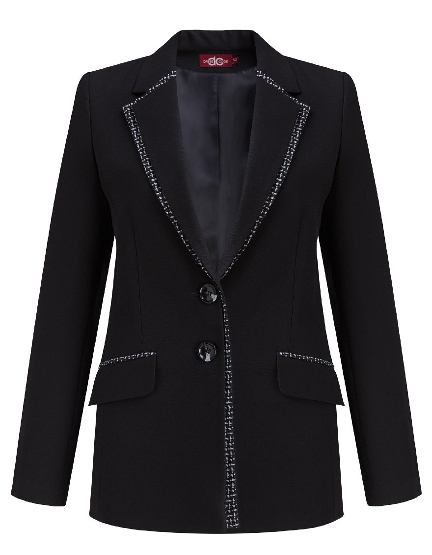 Жакет-пиджак черный, средней длины, с отделкой