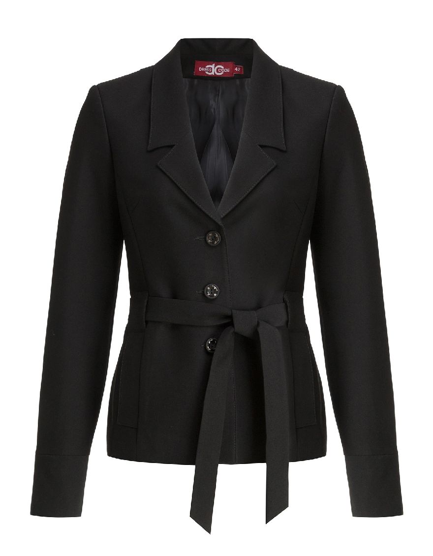 Жакет-пиджак черный классической длины, с поясом