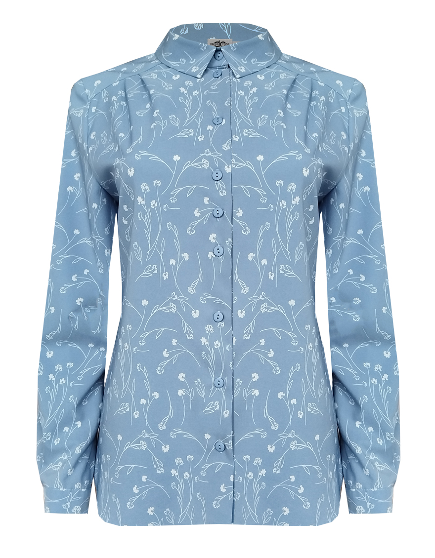 Блузка принтованная со складками на плечах и длинным рукавом